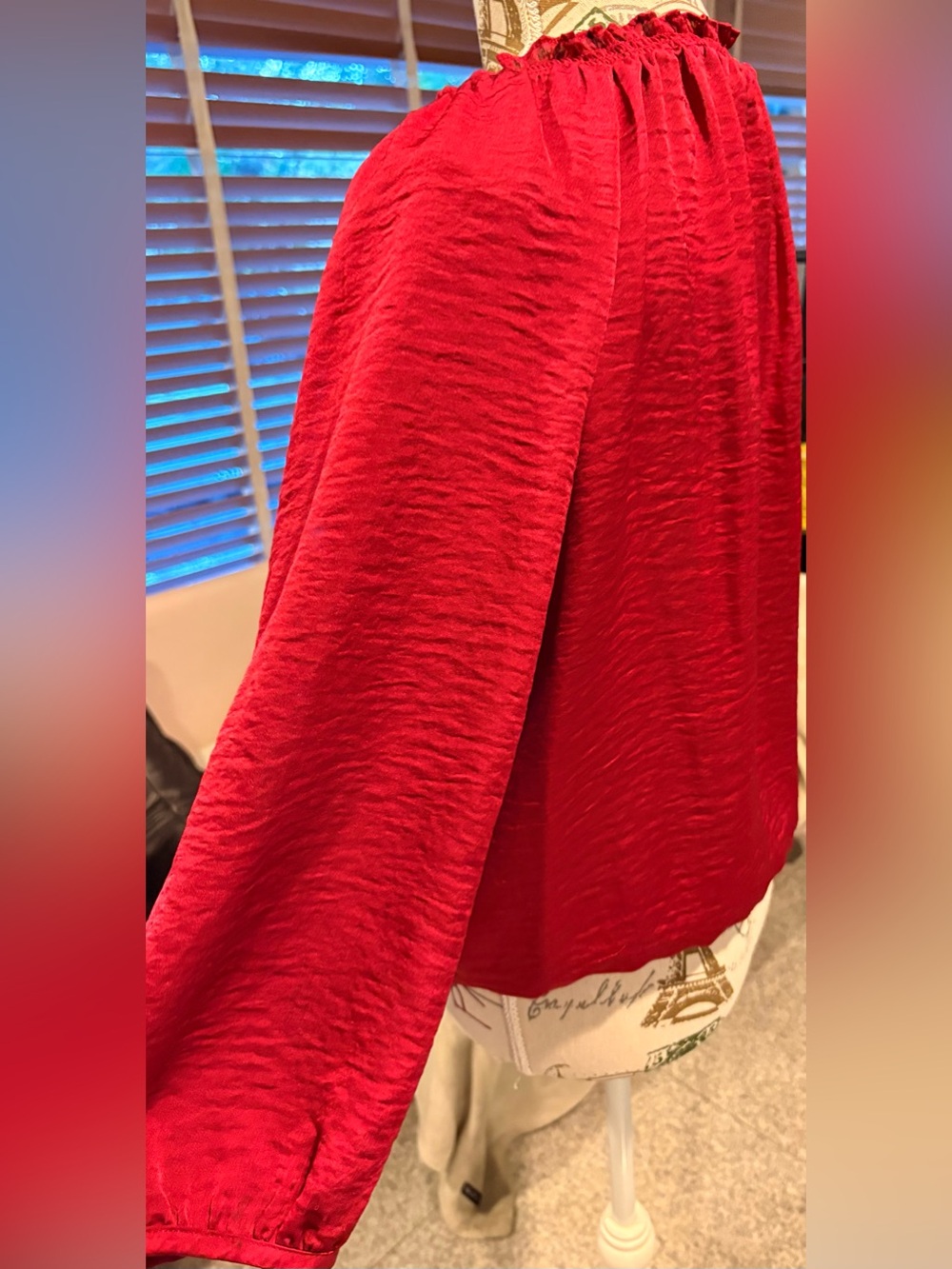 Eyeshadow Red Ruffled Button-Front Peasant Blouse - Picture 3 of 5